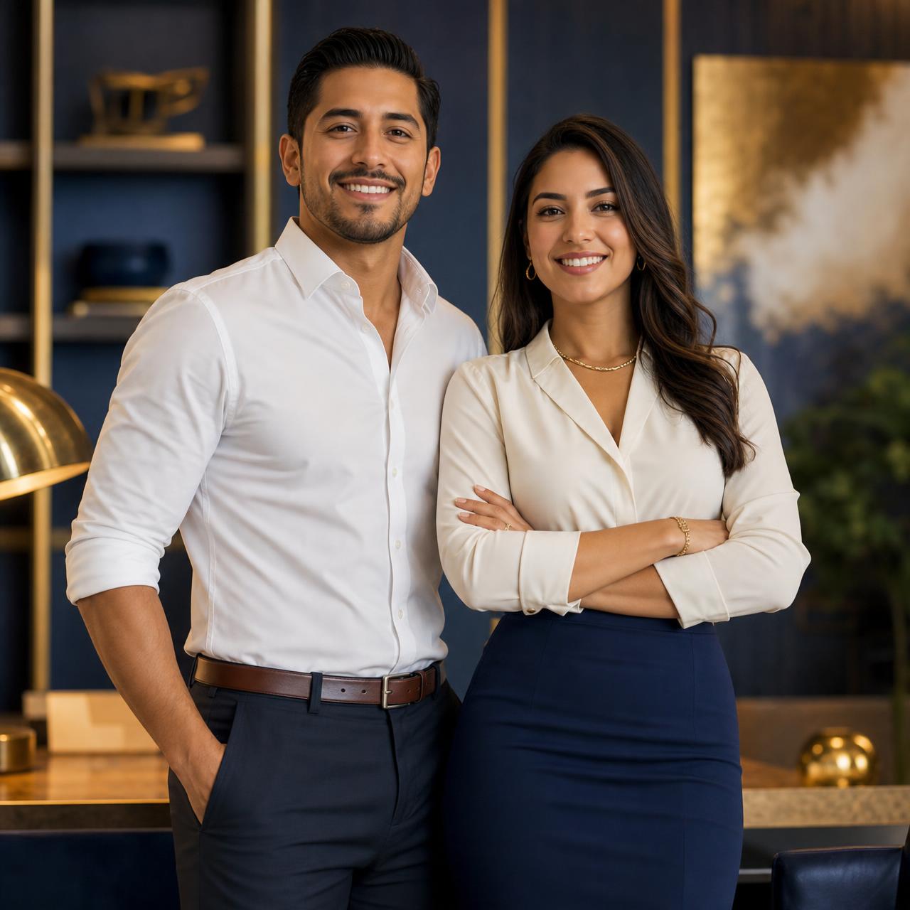 Pareja de emprendedores latinos sonriendo con confianza, hombre con camisa blanca y mujer con falda ejecutiva, en un elegante espacio de oficina navy y dorado